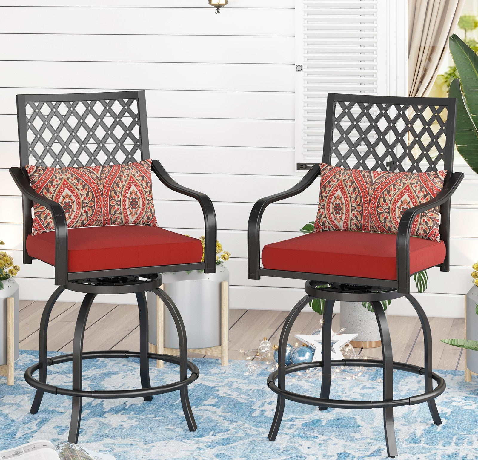 High Top Sophia & William 2PCS Patio Swivel Stools with Arms, Tall Counter Metal Chairs with Red Cushions