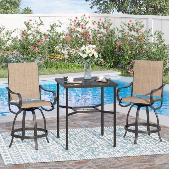 Sophia & William 3 Pieces Patio Outdoor Metal Bar Stools and Height Square Table Set Textilene Furniture Set