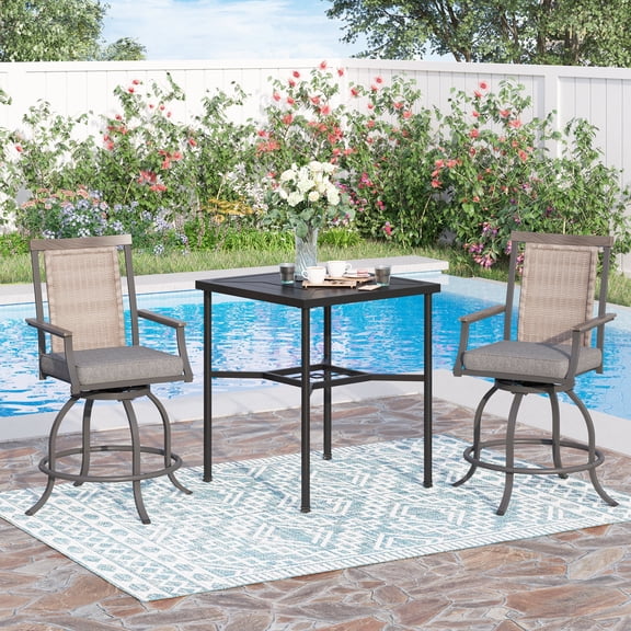Sophia & William 3 Pieces Patio Outdoor Swivel Bar Bistro Set Rattan Wicker Height Chair & Square Metal Table Furniture Set