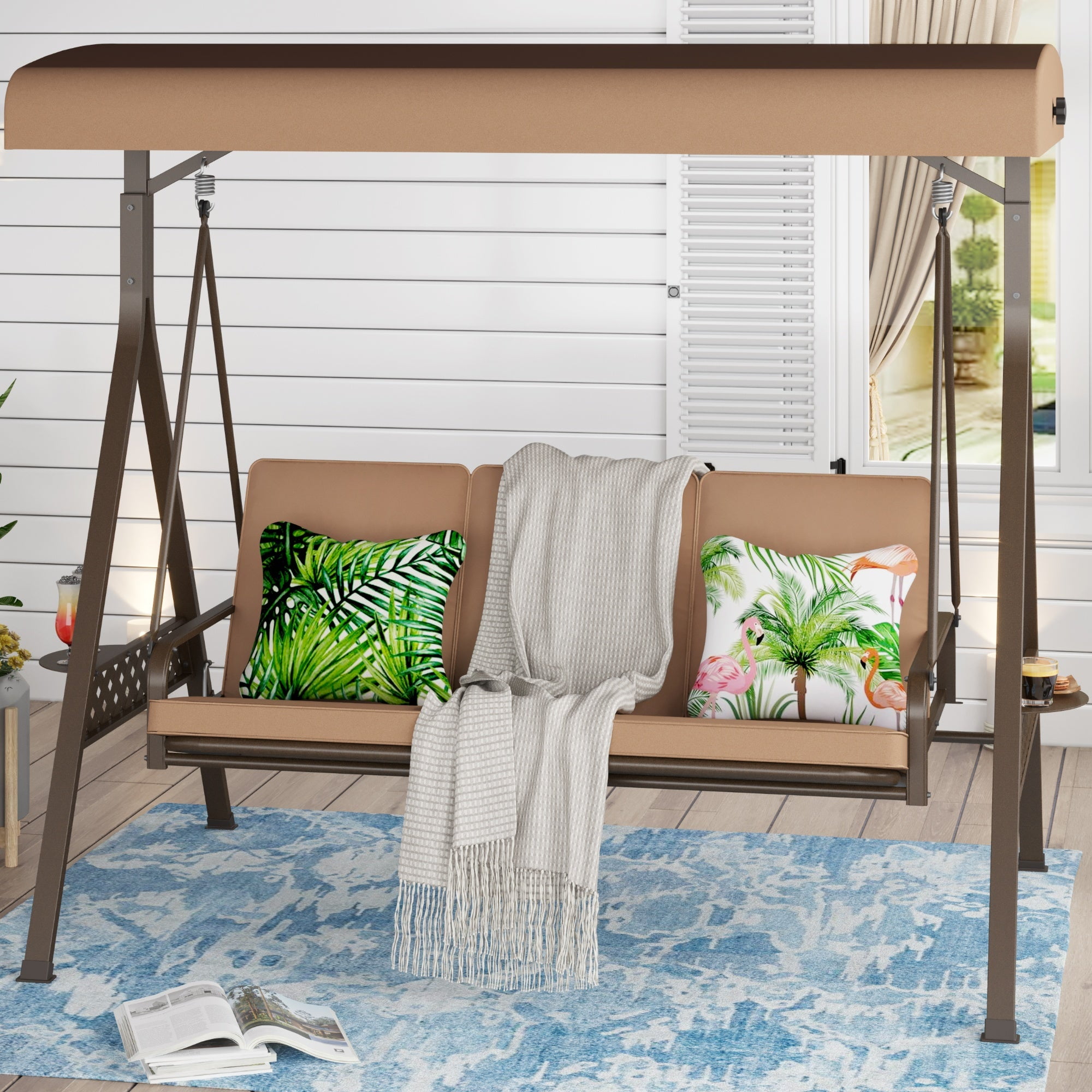 Sophia William 3 Seat Outdoor Converting Canopy Swing Glider Patio Hammock with Side Table Beige