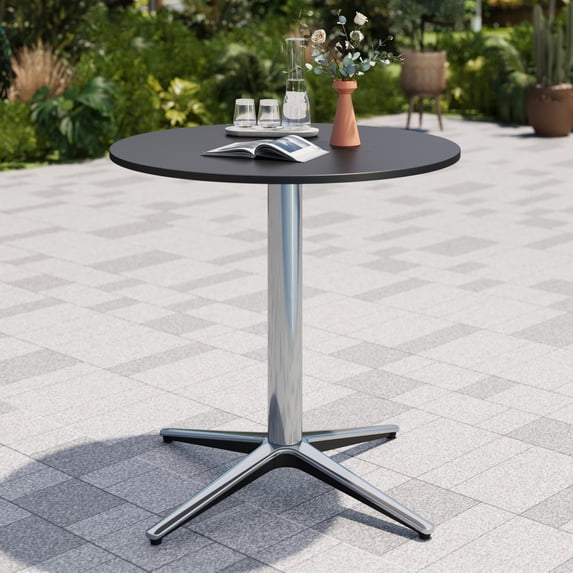 Sophia & William 30" Round Metal Outdoor Bistro Table Dining Table with Smooth Black Tabletop Stainless Steel X-Shaped Pedestal