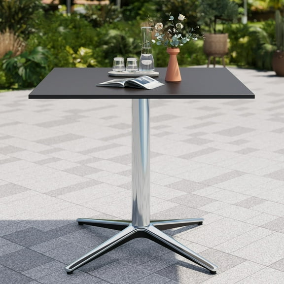 Sophia & William 31" Square Metal Outdoor Bistro Table Dining Table with Smooth Black Tabletop Stainless Steel X-Shaped Pedestal