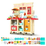 Alpha Joy 87Pcs Pretend Play Kitchen 38.59Inch Large Interactive Toy Sets for Kids w/Realistic Sounds & Lights, Microwave Oven, Range Hood, Faucet, Cooking Stove, Sink, Red