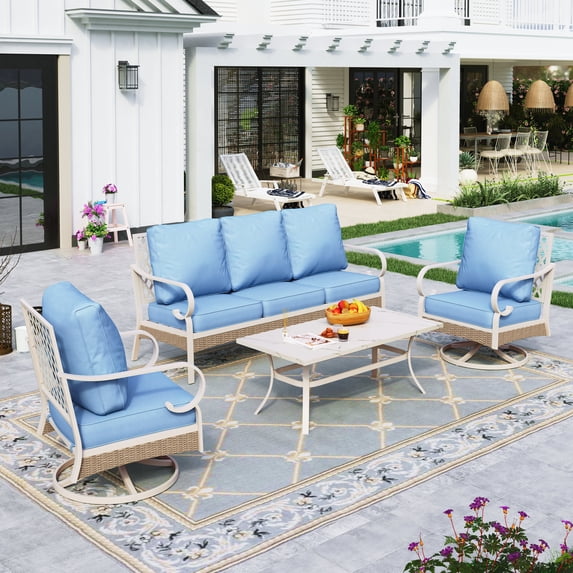 Sophia&William 4 Piece Patio Conversation Set Outdoor Furniture Sofa Set with Swivel Chair, Blue