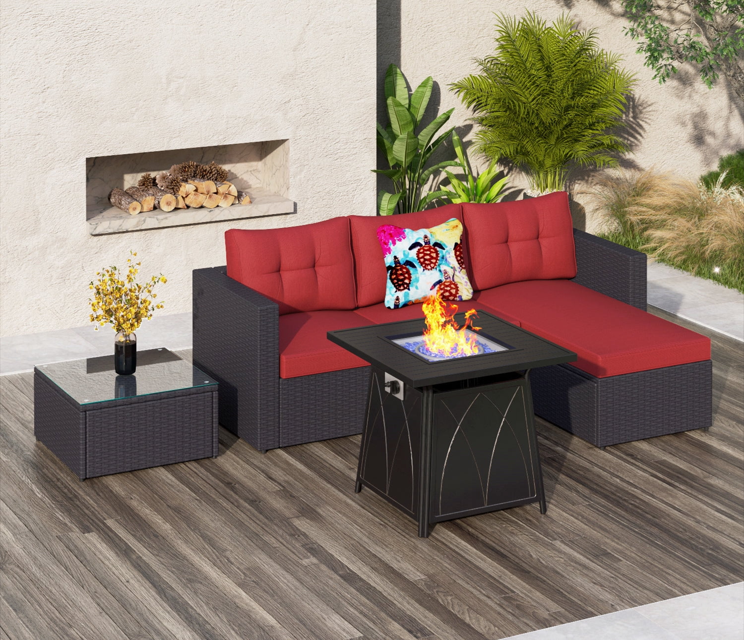 Sophia & William 4-Piece Wicker Patio Conversation Set with Fire Pit ...