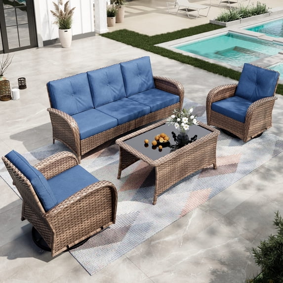 Sophia & William 4 Pieces 5-Seat Wicker Outdoor Patio Furniture Set with Swivel Glider & Coffee Table, Navy