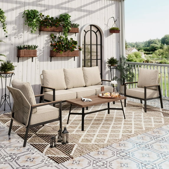 Sophia & William 4 Pieces Metal Rattan Patio Furniture Set 5-Seat Outdoor Conversation Set with Fixed Chairs, Beige