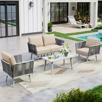 Sophia & William 4 Pieces Outdoor Patio Furniture Set 4-Seat Wicker Metal Patio Conversation Sofa Set with Classic Rope Rattan Style, Beige