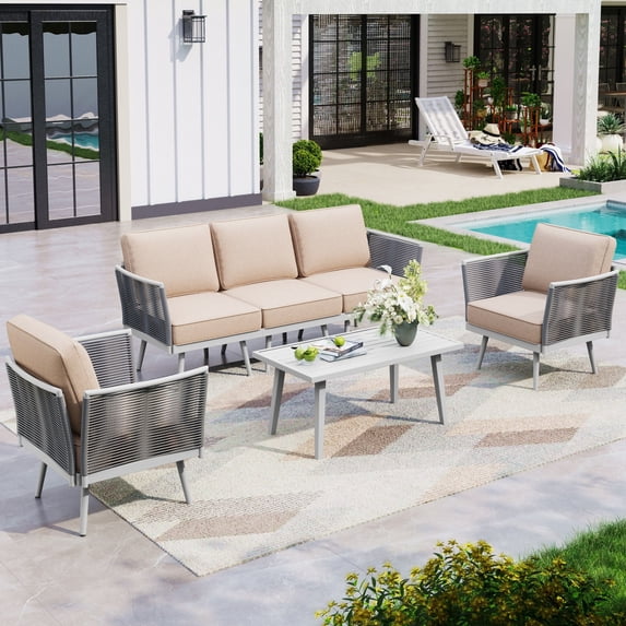 Sophia & William 4 Pieces Outdoor Patio Furniture Set 5-Seat Wicker Metal Patio Conversation Sofa Set with Classic Rope Rattan Style, Beige