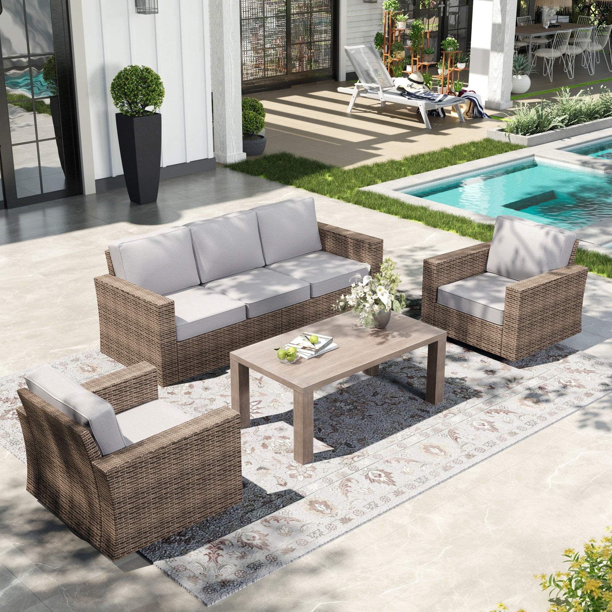 Sophia & William 4 Pieces Patio Furniture Set with Swivel Chairs 5.5" Thick Cushions 5-Seat Wicker Outdoor Conversation Set
