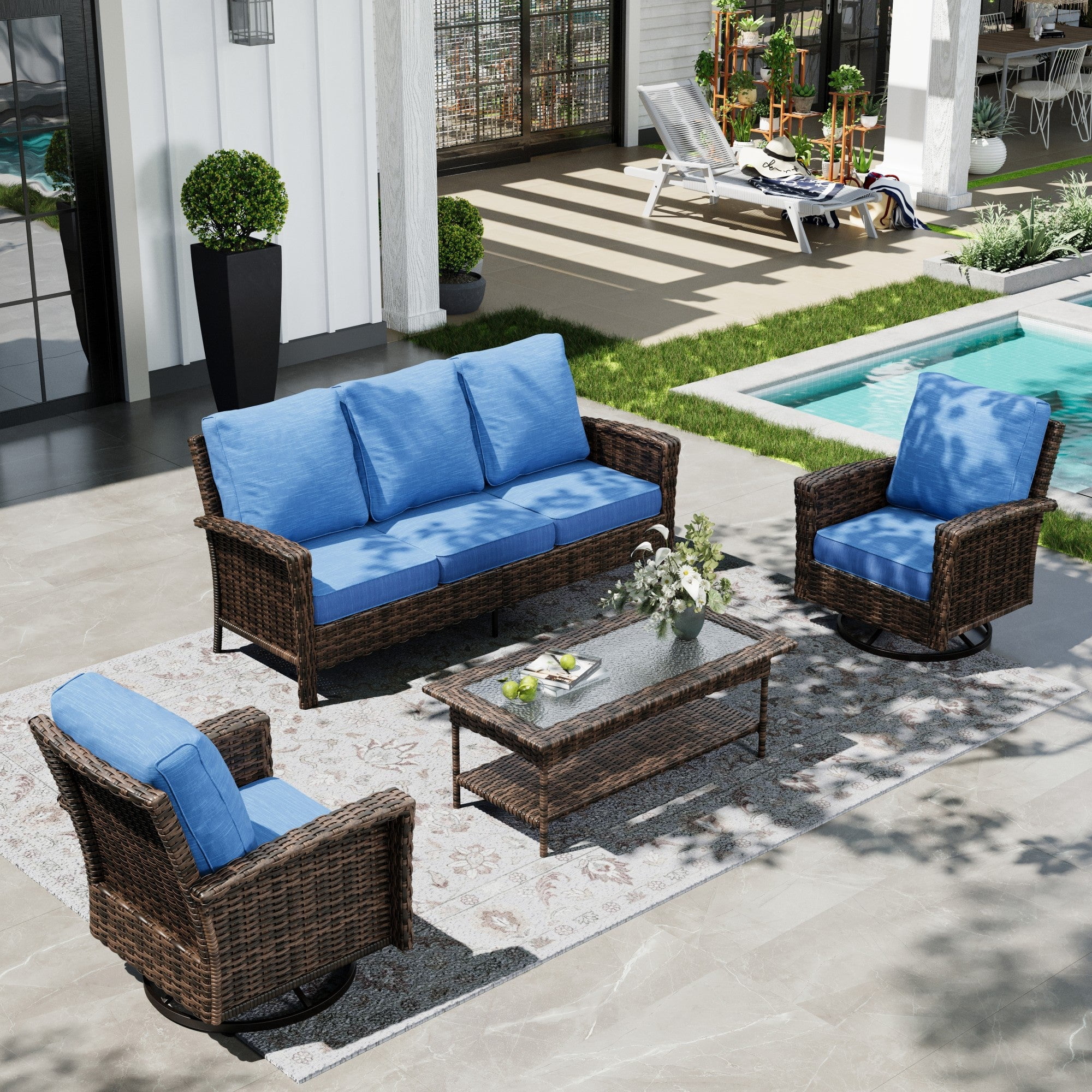 Sophia & William 4 Pieces Patio Furniture Set with Swivel Chairs 5-Seat Wicker Outdoor Conversation Set with 5.5" Thickened Cushions
