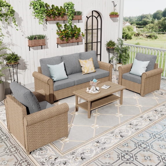 Sophia & William 4 Pieces Wicker Patio Furniture Set 5-Seat Outdoor Conversation Set with Cushions, Gray