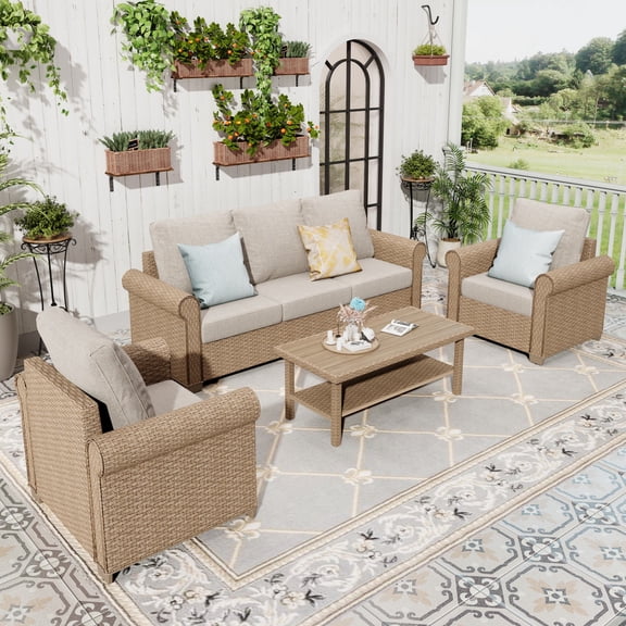 Sophia & William 4 Pieces Wicker Patio Furniture Set 5-Seat Outdoor Cushioned Conversation Set with Coffe Table, Beige