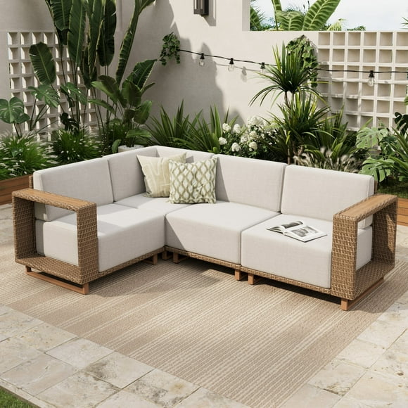 Sophia & William 4 Pieces Wicker Patio Furniture Set with Yellow-Brown Rattan & Thick Beige Cushions