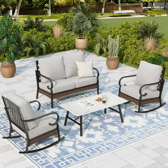 Sophia & William 4 Seat Patio Conversation Set,Outdoor Furniture Set with Rocking Chairs & Loveseat, Light Gray