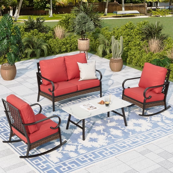 Sophia & William 4 Seat Patio Conversation Set,Outdoor Metal Furniture Set with Rocking Chairs & Loveseat, Red