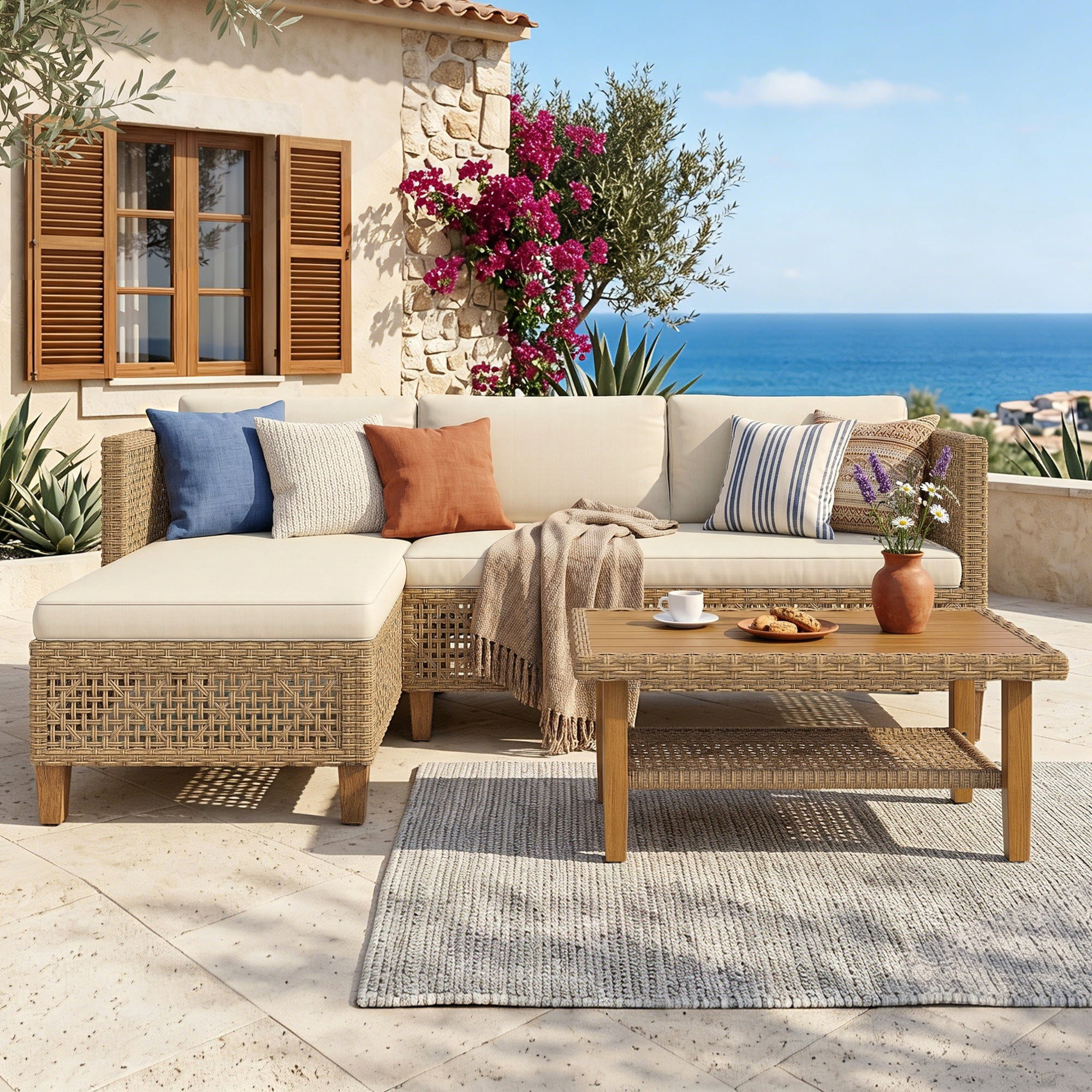 Alpha Joy 3 Pieces Wicker Patio Furniture Conversation Set Boho Style Outdoor Sofa with Wood Coffee Table