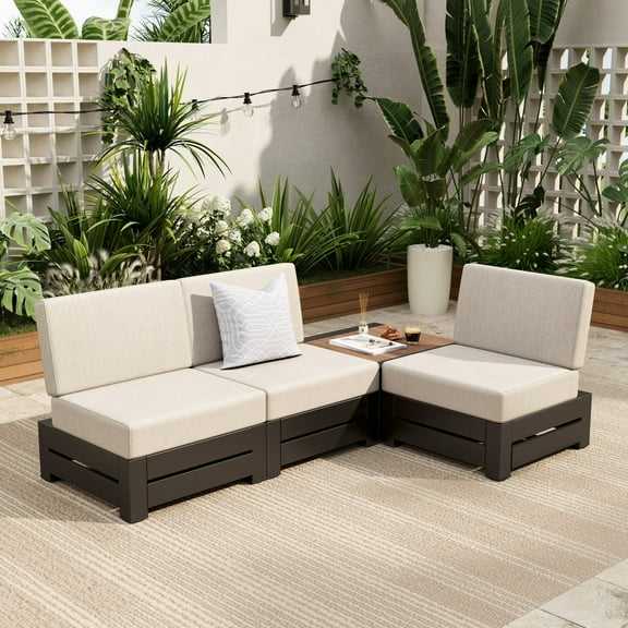 Sophia & William 4Pcs Patio Outdoor Furniture Set Sectional Armless Conversation Set with Woodgrain Side Table, Beige