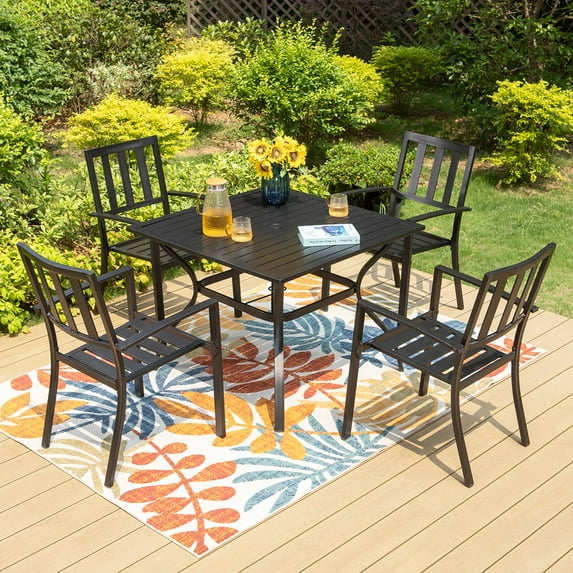 Sophia & William 5Pcs Outdoor Patio Dining Set Metal Stackable Chairs and Square Table with Umbrella Hole for 4