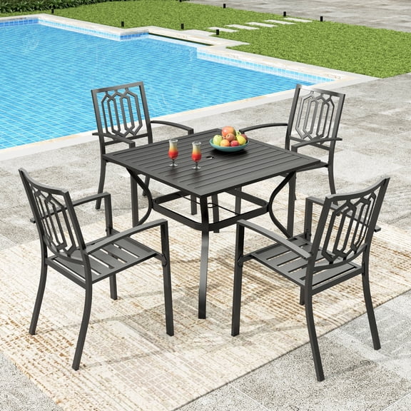 Sophia & William 5 Pcs Metal Patio Outdoor Dining Set with 4 Stackable Chairs and Square Table Furniture Set, Black