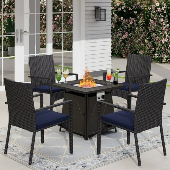 Sophia & William 5 Pcs Wicker Rattan Patio Dining Set with Gas Fire Pit Table - Blue