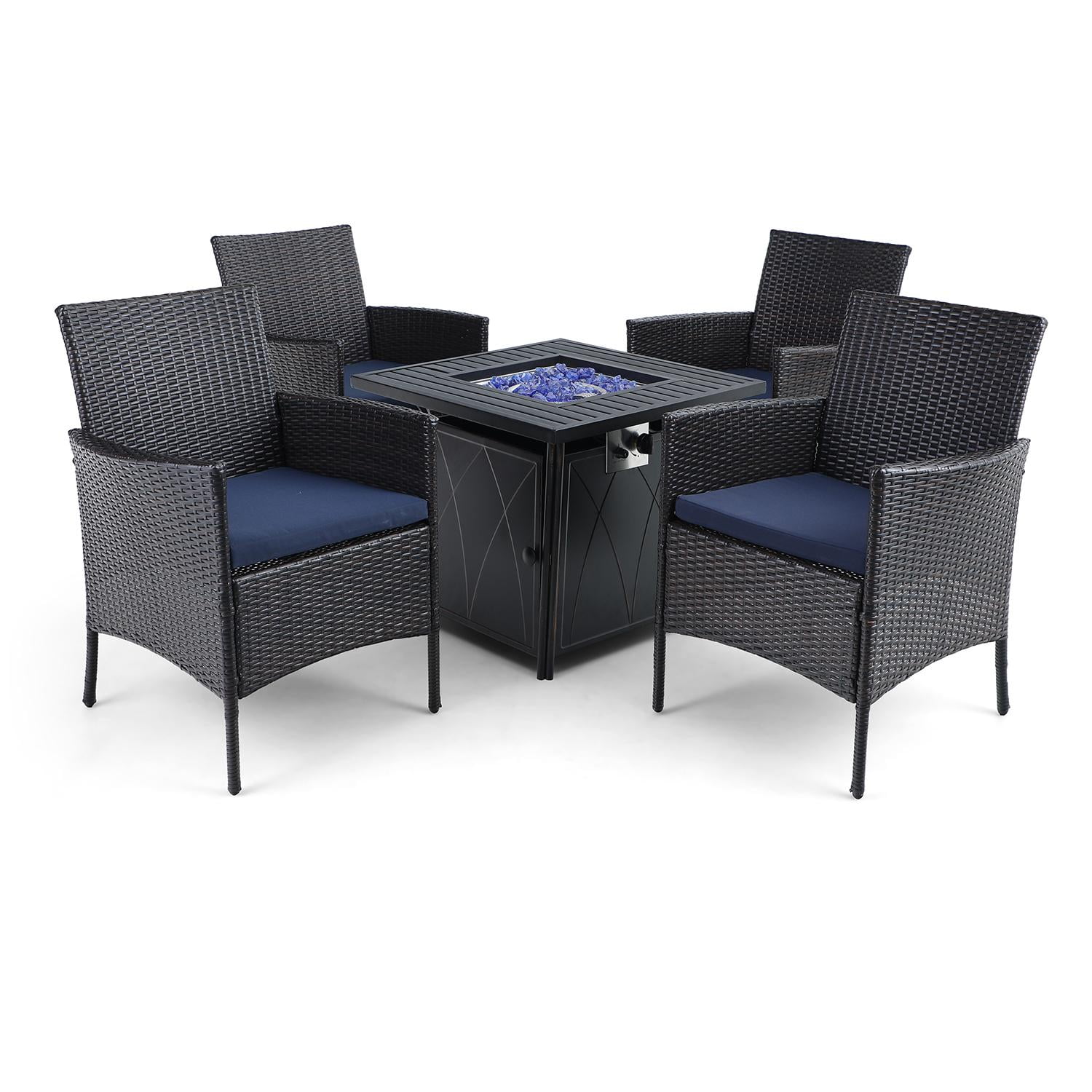 Wikker Alpha Alpha Joy 5 Pcs Wicker Rattan Patio Dining Set with Gas Fire Pit Table ...
