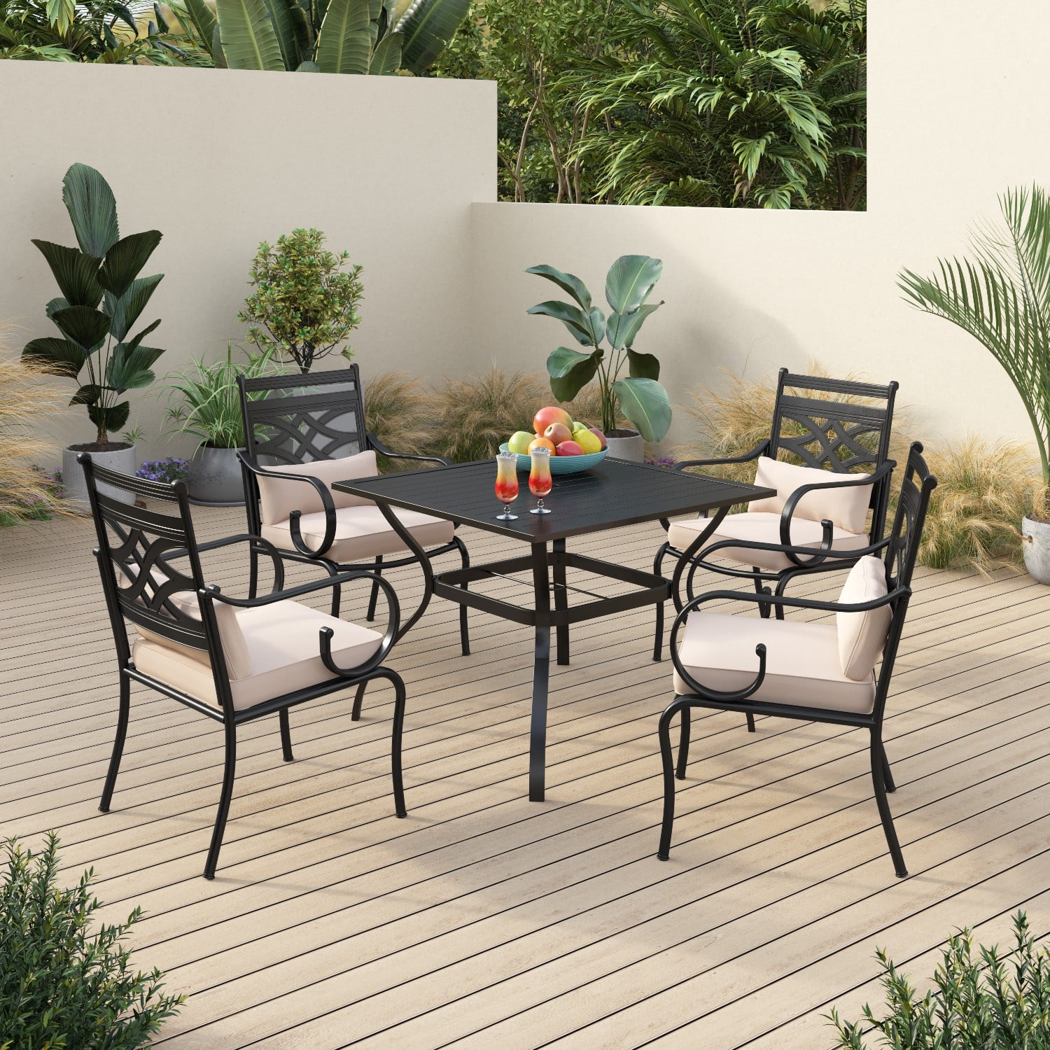 Sophia&William 5-Piece Outdoor Patio Dining Set Metal Cushioned Chairs and 37" Square Table Furnitre Set with 4" Cushion, Beige