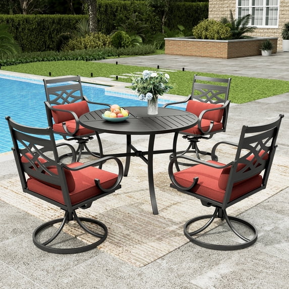 Sophia & William 5-Piece Outdoor Patio Dining Set Cushioned Swivel Chairs and Steel 42" Round Table with Cushion, Red