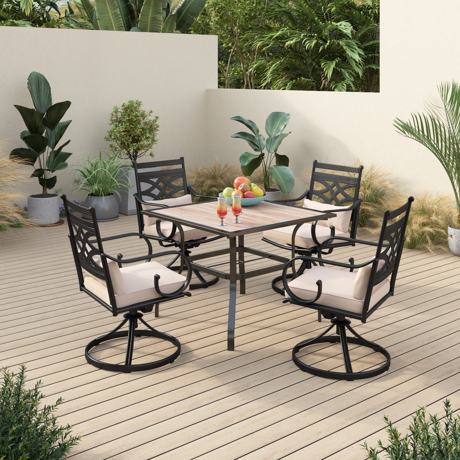 Sophia & William 5-Piece Outdoor Patio Dining Set Cushioned Swivel Chairs and Steel Teak Wood Table