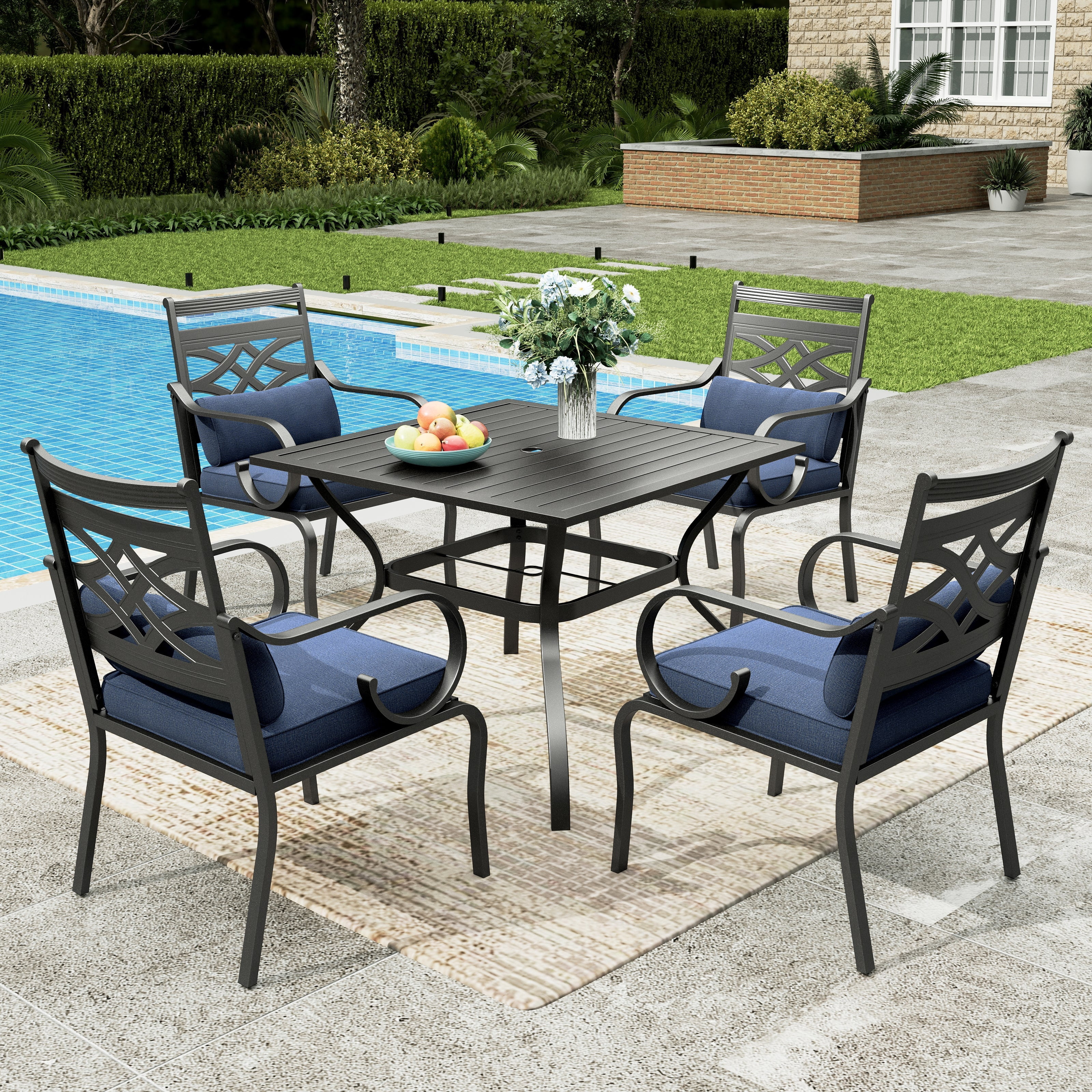 Sophia&William 5-Piece Outdoor Patio Dining Set Metal Cushioned Chairs and 37" Square Table Furnitre Set with 4" Cushion, Navy Blue
