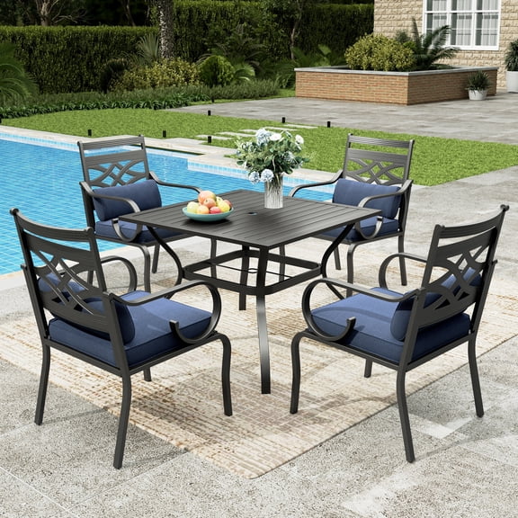 Sophia&William 5-Piece Outdoor Patio Dining Set Metal Cushioned Chairs and 37" Square Table Furnitre Set with 4" Cushion, Navy Blue