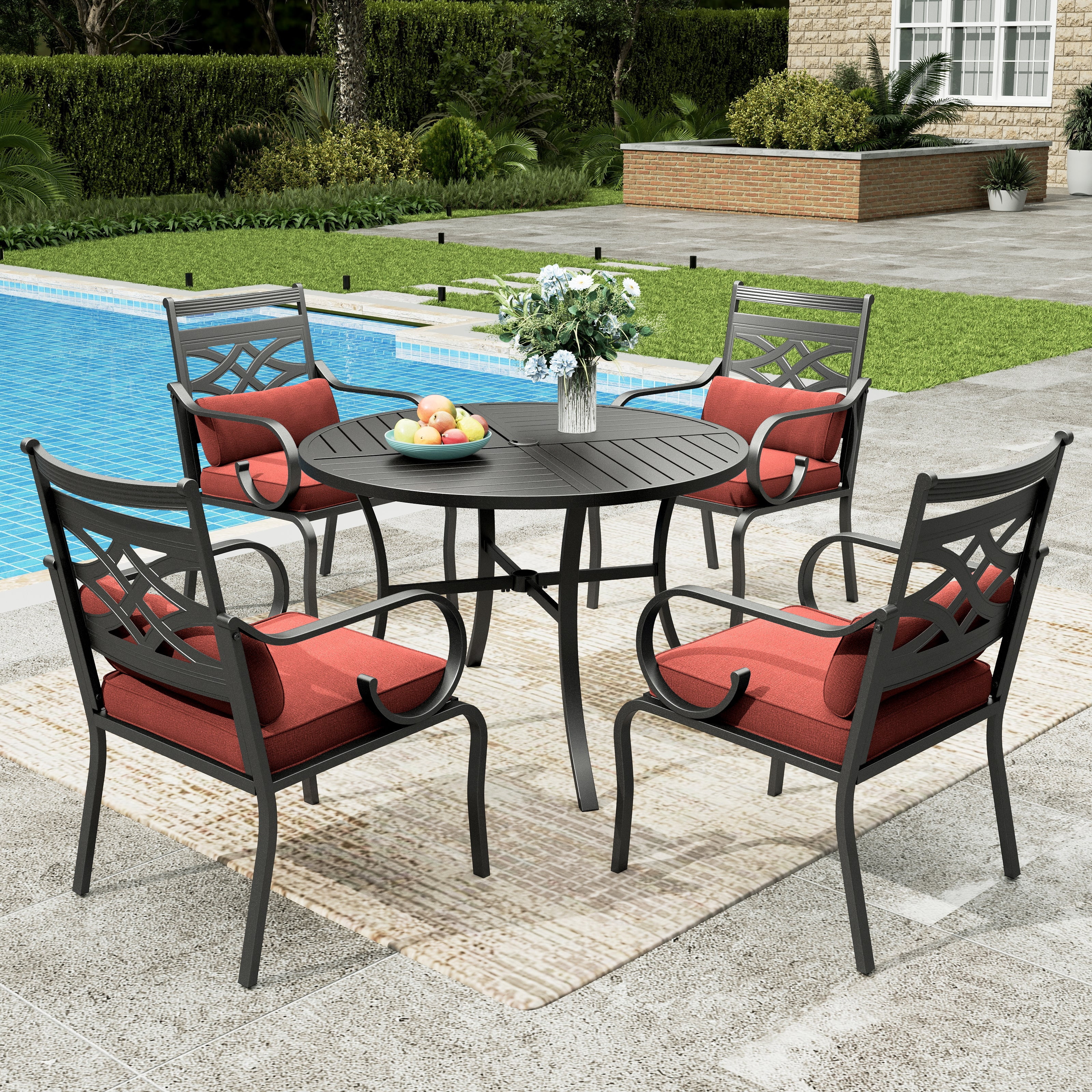 Sophia&William 5-Piece Outdoor Patio Dining Set Metal Cushioned Chairs and 37" Square Table Furnitre Set with 4" Cushion, Red