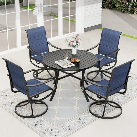 Sophia & William 5 Piece Outdoor Patio Dining Set Padded Textilene Chairs and 42" Round Table Furniture Set, Blue
