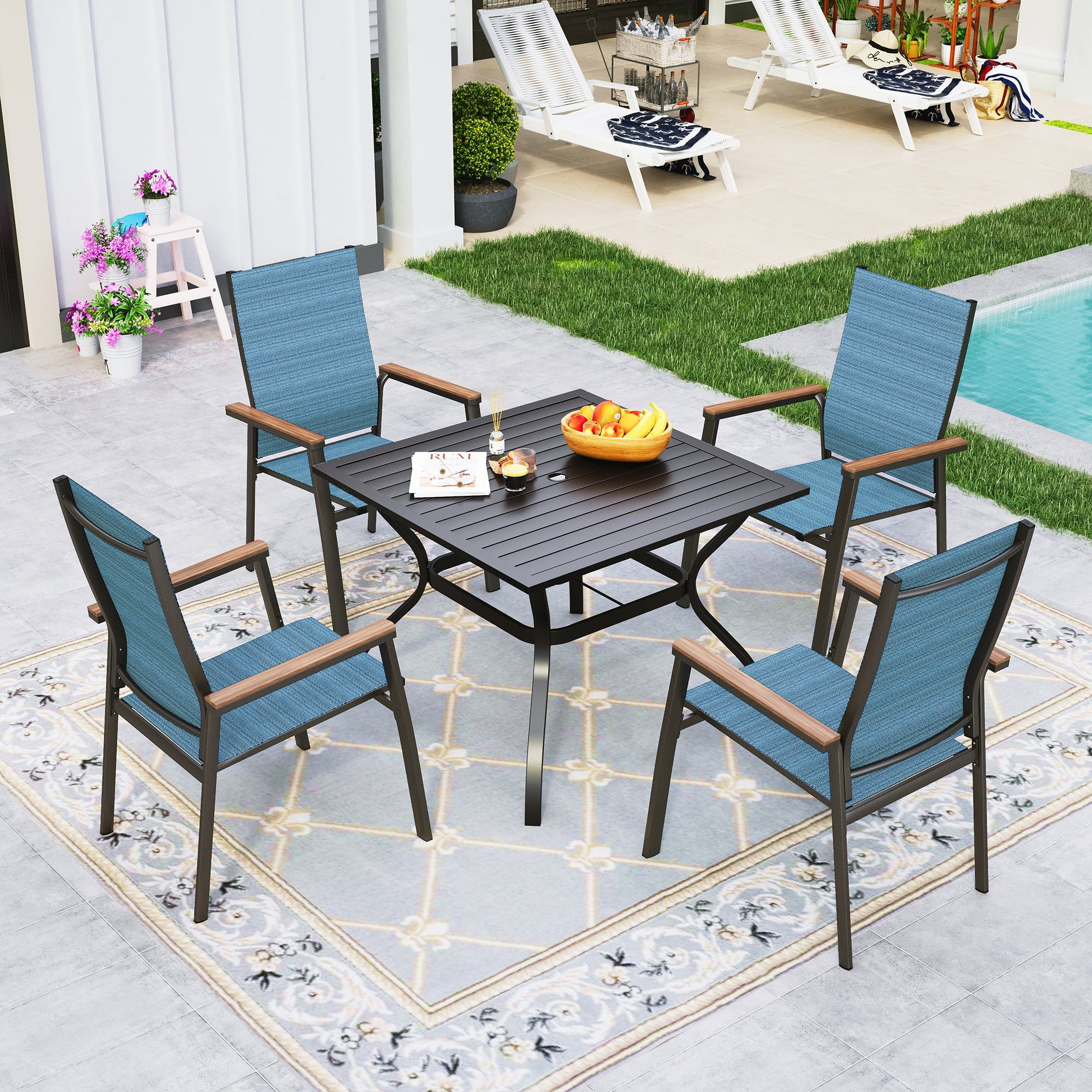 Sophia&William 5-Piece Outdoor Patio Dining Set Aluminum Stackable Chairs &Metal Table Furniture Set, Blue