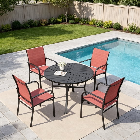 Sophia & William 5 Piece Patio Metal Dining Set Outdoor Round Table and 4 Textilene Chairs-Red