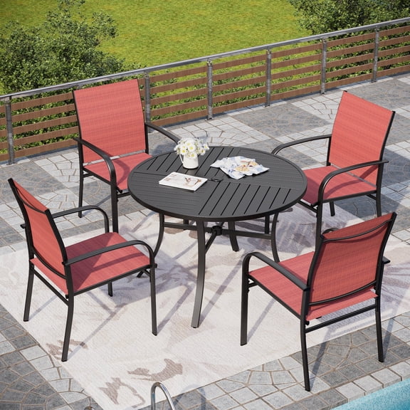 Sophia & William 5 Piece Patio Metal Dining Set Outdoor Round Table and 4 Textilene Chairs-Red
