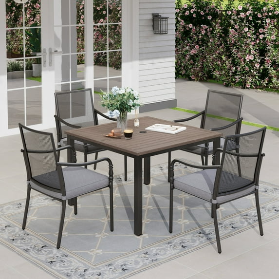 Sophia & William 5 Piece Patio Metal Dining Set Square Table and 4 Stackable Mesh Chairs