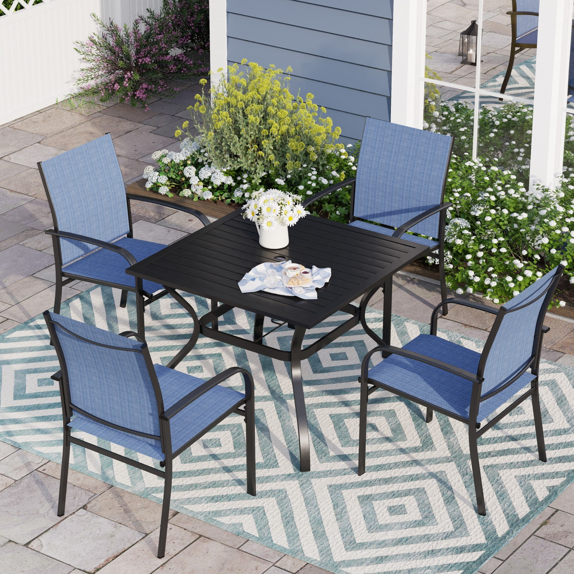 Sophia & William 5-Piece Patio Dining Set Outdoor Metal Table Set with 4 Textilene Chairs Furniture Set for Porch, Yard, Balcony-Blue