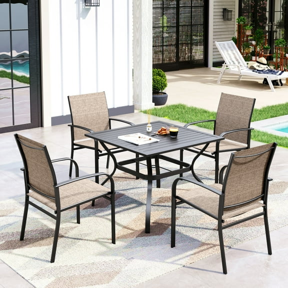Sophia & William 5-Piece Patio Dining Set Outdoor Metal Square Table Set with 4 Textilene Chairs for Porch, Yard, Balcony-Brown