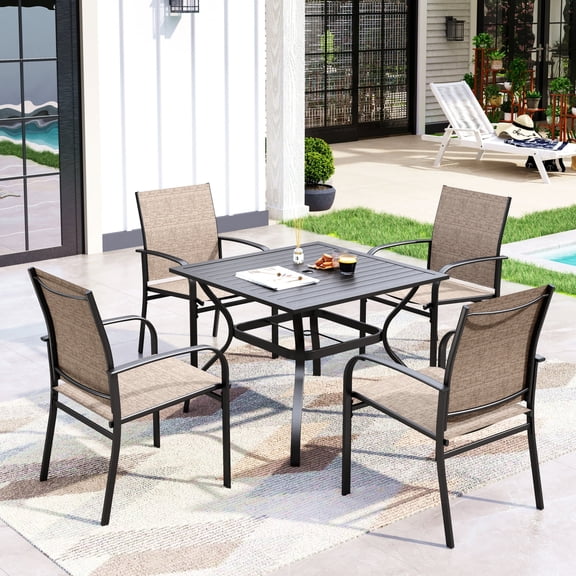 Sophia & William 5-Piece Outdoor Patio Dining Set Square Metal Table Set with 4 Textilene Chairs for Porch, Yard, Balcony-Brown