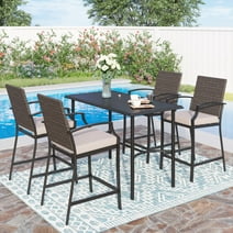 Sophia & William 5 Piece Patio Outdoor Wicker Bar Bistro Set with Rattan Cushioned Chairs & Height Table Furniture Set
