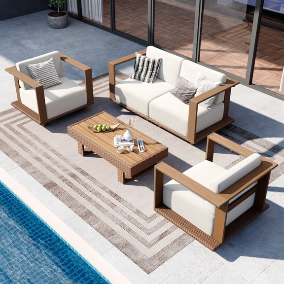 Sophia & William 5 Pieces HDPE Patio Furniture Set with Wide Wicker Iron Seat & Thick Cushions, Brown & Beige