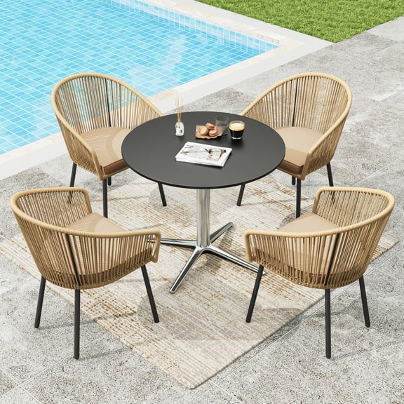 Sophia & William 5 Pieces Outdoor Patio Dining Set, Metal Round Dining Table and Wicker Rattan Chairs Set for 4, Black Placer Gold