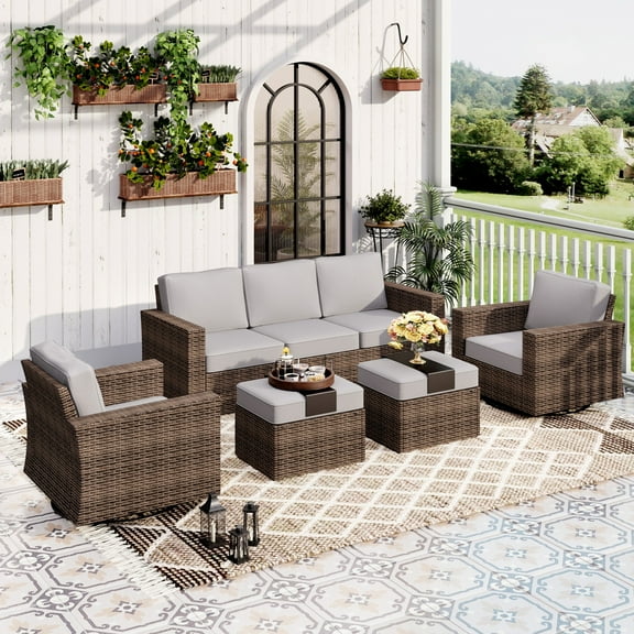 Sophia & William 5 Pieces Patio Furniture Set with Swivel Chairs 5.5" Thick Cushions 7-Seat Wicker Outdoor Conversation Set