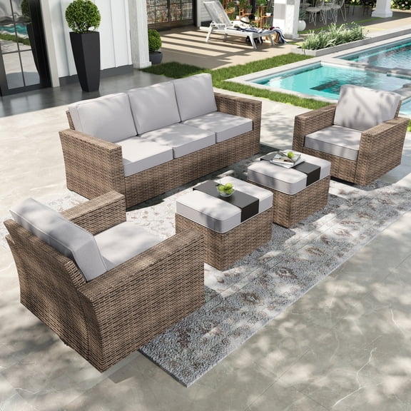 Sophia & William 5 Pieces Patio Furniture Set with Swivel Chairs 5.5" Thick Cushions 7-Seat Wicker Outdoor Conversation Set