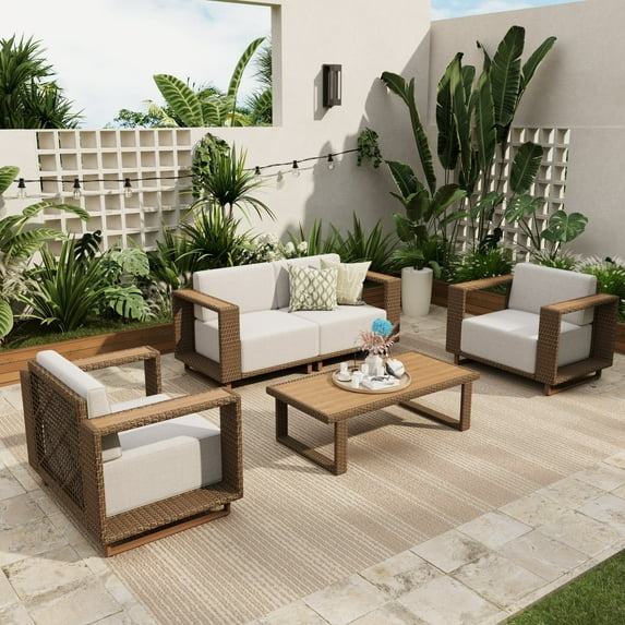 Sophia & William 5 Pieces Wicker Patio Furniture Set 4-Seat Outdoor Cushioned Conversation Set with Coffee Table, Yellow-Brown & Beige