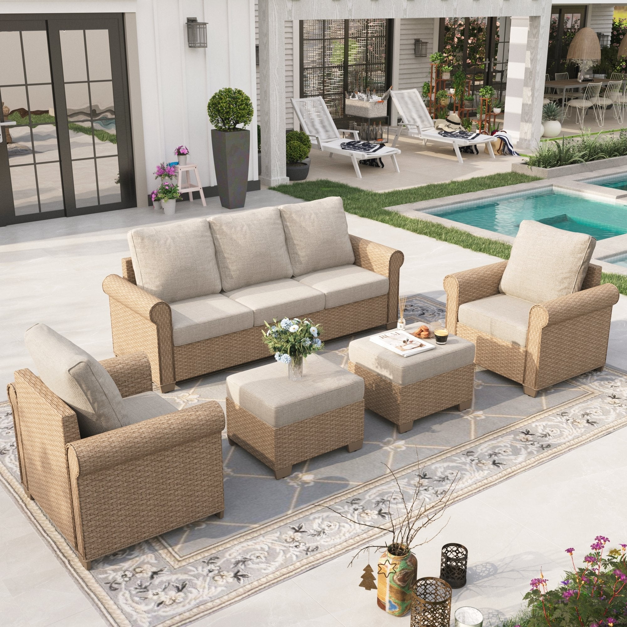 Sophia & William 5 Pieces Wicker Patio Furniture Set 7-Seat Outdoor Conversation Set with Cushions, Beige - Walmart.com