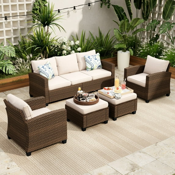 Sophia & William 5 Pieces Wicker Patio Furniture Set 7-Seat Outdoor Conversation Set, Beige