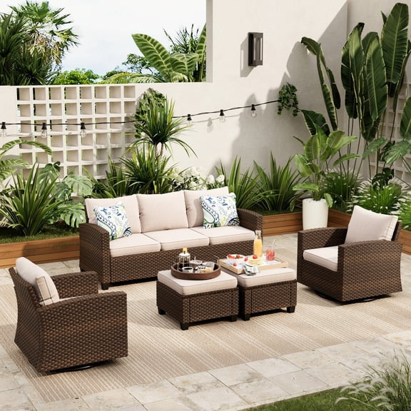 Sophia & William 5 Pieces Wicker Patio Furniture Set with Swivel Chairs 7-Seat Outdoor Conversation Set, Beige
