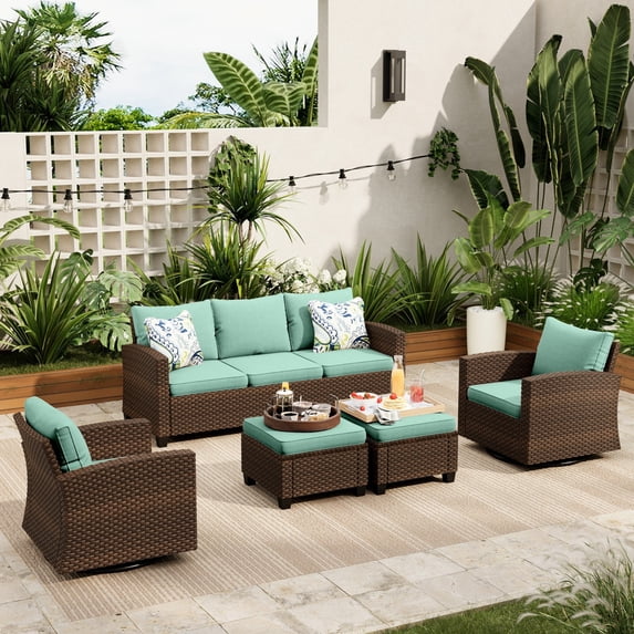 Sophia & William 5 Pieces Wicker Patio Furniture Set with Swivel Chairs 7-Seat Outdoor Conversation Set, Blue